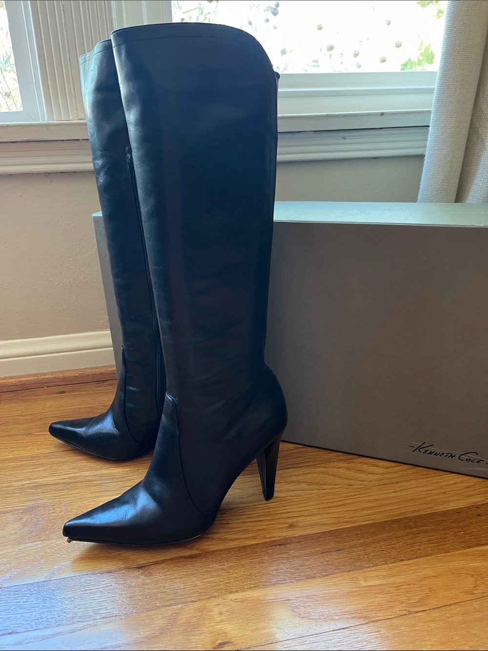 Kenneth Cole New York Black Leather Knee-High Boots Streetwise Size 6 + OG Box